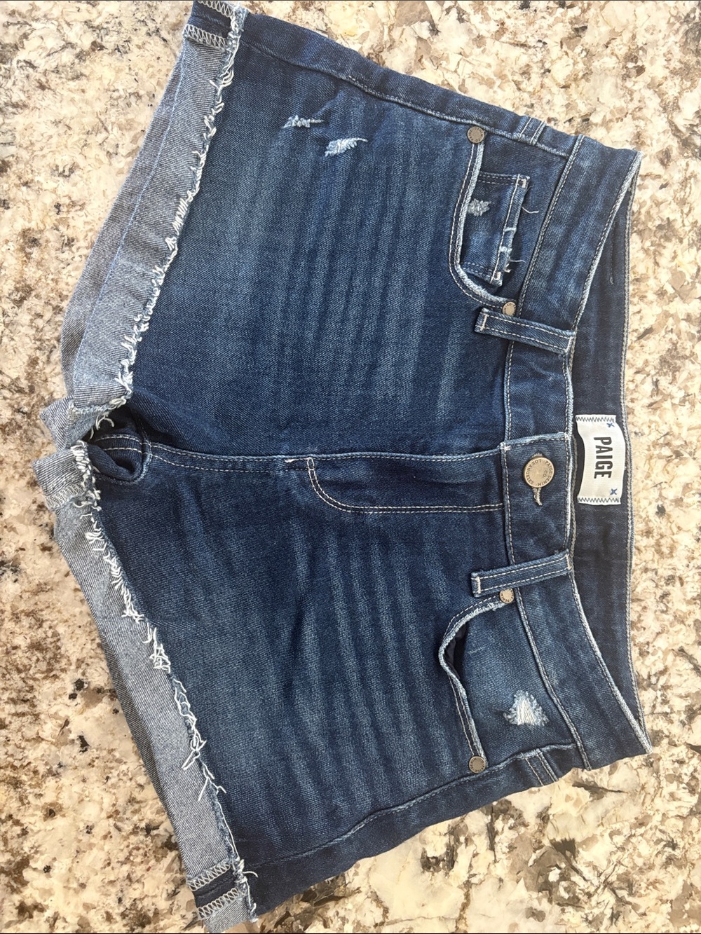 PAIGE Dark Blue Frayed Hem Denim Shorts